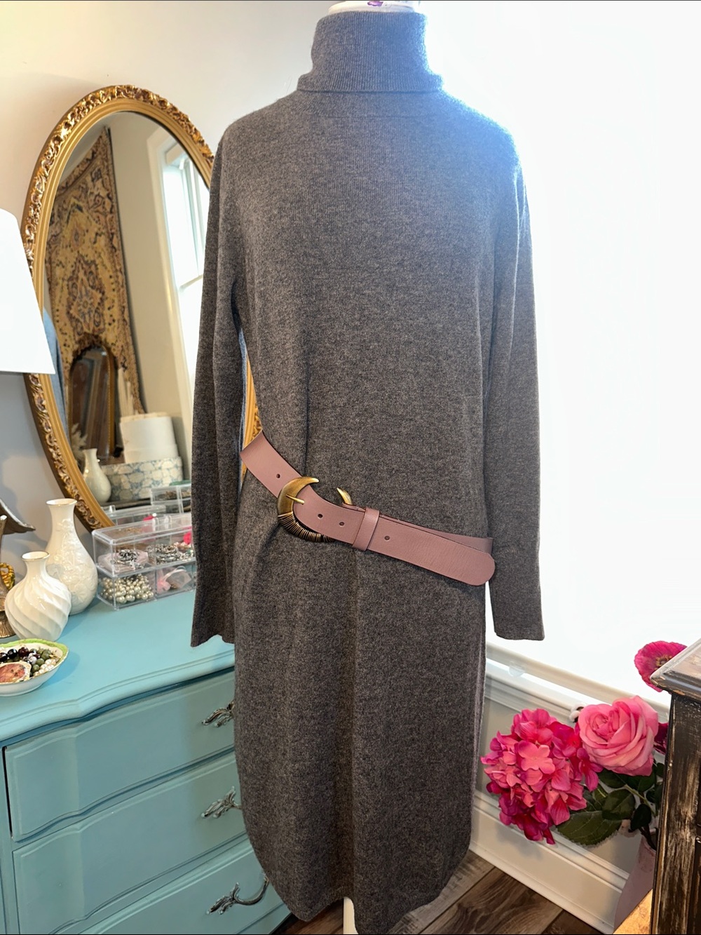Cashmere Heather Brown Turtleneck Knit Dress - Long Sleeve